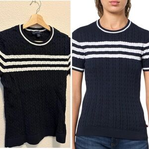 Tommy Hilfiger Navy and White Cable-Knit Crewneck Sweater women top L large